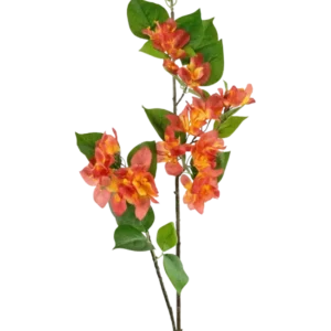 Der künstliche Zweig Bougainvillea 81 cm Pfirsich hat einen einzelnen Stiel mit Büscheln pfirsichoranger und gelber Blüten, ergänzt durch grüne Blätter, vor einem weißen Hintergrund.