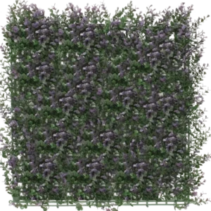 Die künstliche Buchsbaumhecke Lila 50x50 cm UV ist eine dichte, quadratische Platte aus künstlichem Grün mit kleinen lila Blüten, die eine üppige vertikale Gartenmatte schafft, die sich perfekt zum Aufhellen eines weißen Hintergrunds eignet.