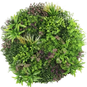 Eine Draufsicht auf die künstliche Hecke auf schwarzem Rahmen Ø100 cm zeigt eine üppige, dichte Darstellung grüner und violetter Blattpflanzen, die in einem kreisförmigen Muster auf weißem Hintergrund angeordnet sind.