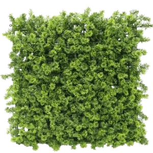 Das künstliche Heckenmoos 50x50 cm UV ist eine dichte quadratische Platte aus künstlichem grünem Laub mit kleinen Blattzweigen, dargestellt von oben auf weißem Hintergrund.