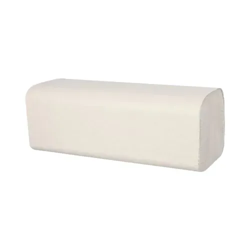 Ein einzelnes Paket weißer, gefalteter Papierhandtücher in rechteckiger Form.