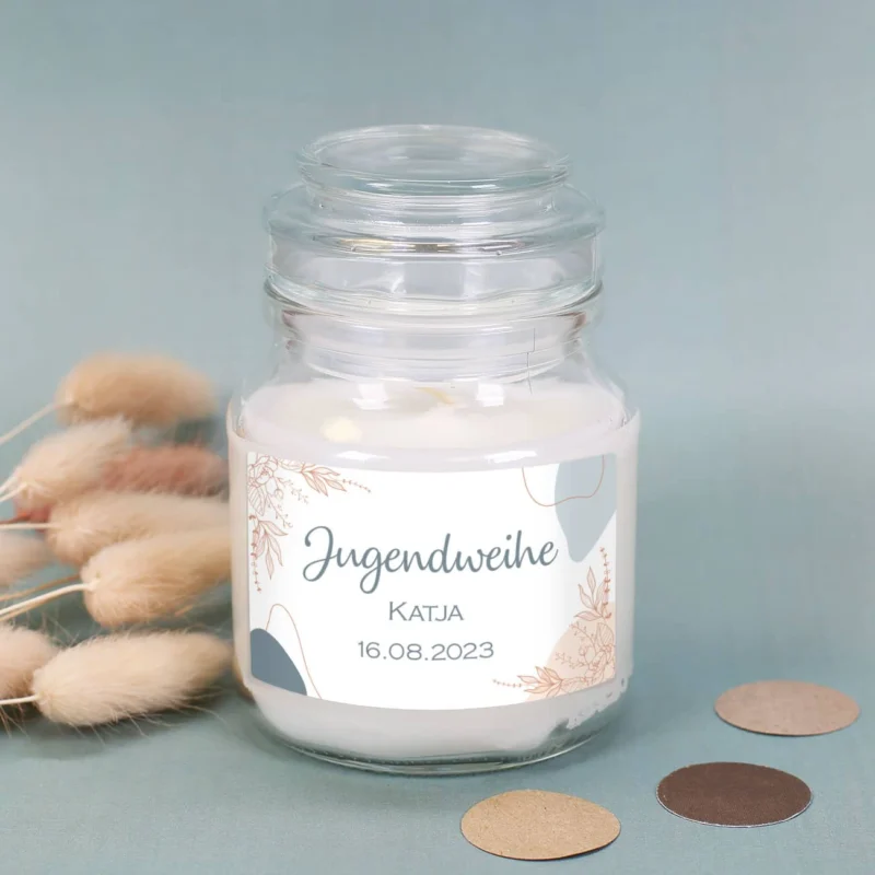 Duftkerze zur Jugendweihe mit modernen Design personalisiert mit Name und Datum