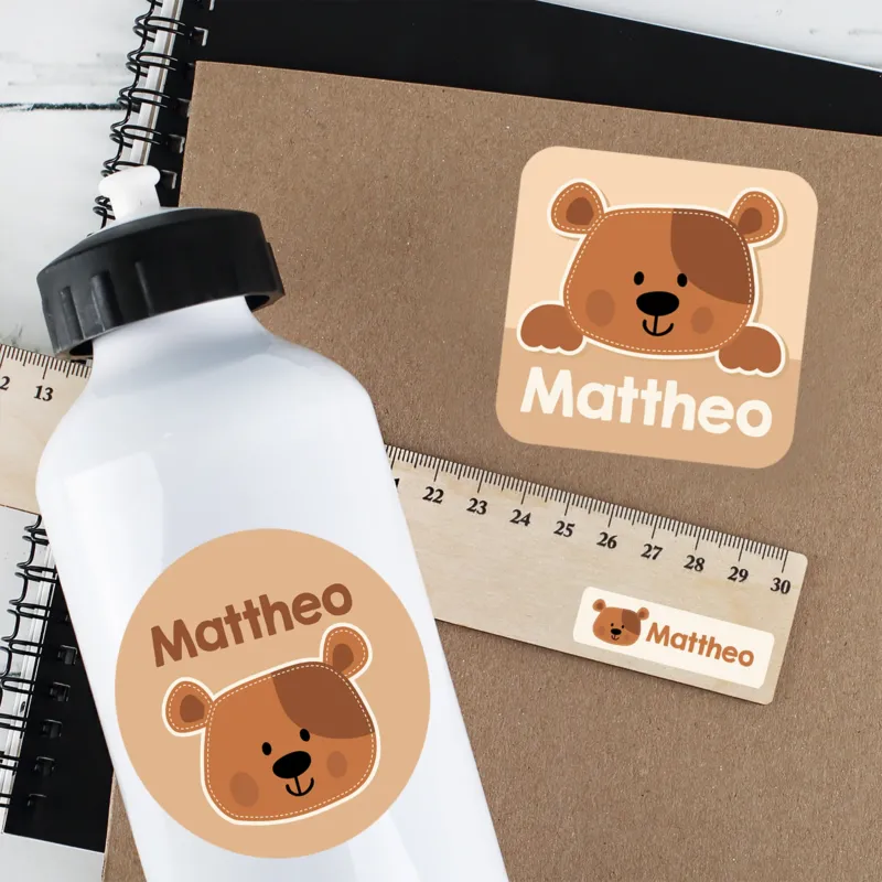 Namensaufkleber mit Bär Motiv und Name personalisiert | 84 Sticker für Kindergarten, Kita und Schule