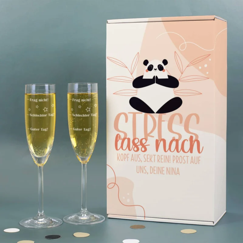 Stress lass nach Geschenkset mit Sektgläsern