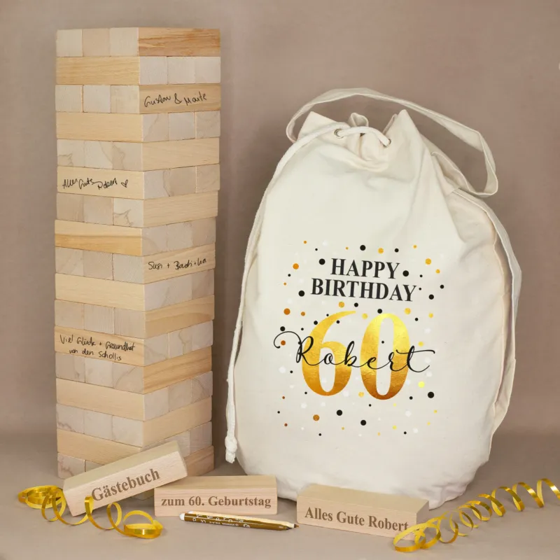 XXL Jenga Wackelturm zum 60. Geburtstag mit personalisiertem Geschenkesack Happy Birthday Robert und gravierten Holzsteinen