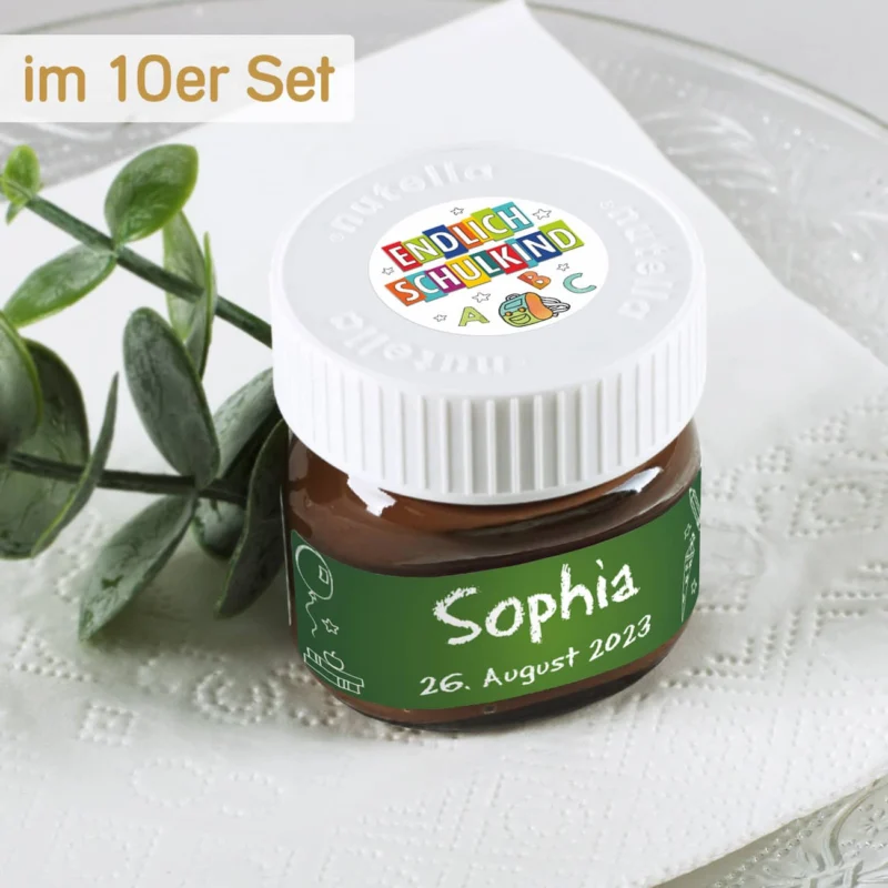 Gastgeschenk zur Einschulung als 10er Set Mini Nutella Gläser personalisiert