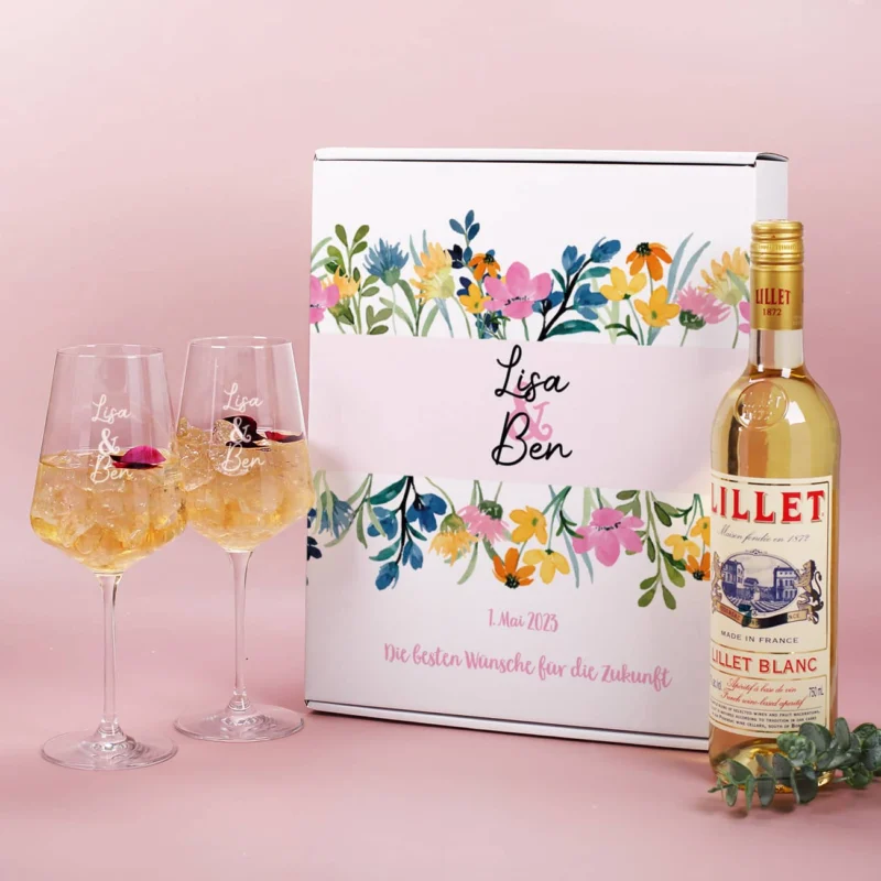 Lillet Geschenkset zur Hochzeit mit Wildblumen und Ihren Wunschangaben bedruckt