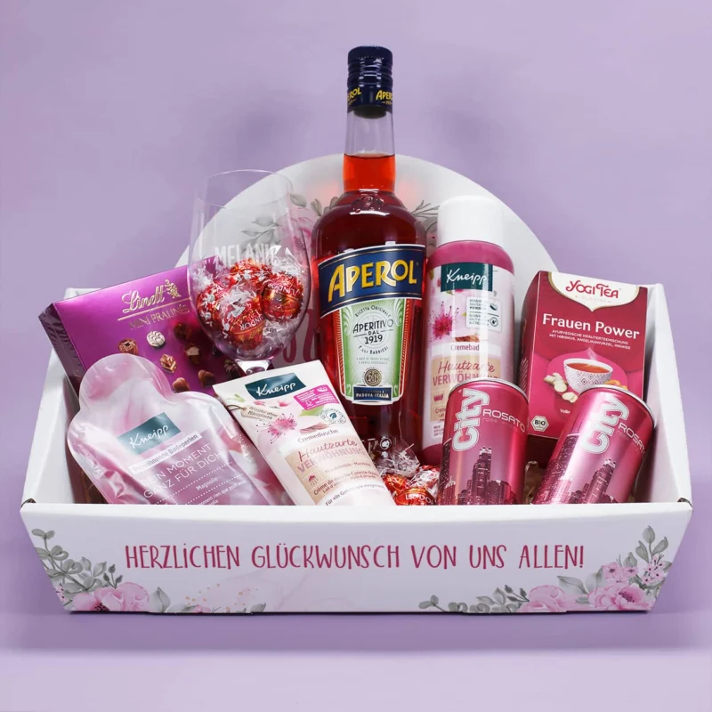 Wunderschön gefüllter Geschenkkorb für Frauen mit allerlei Präsenten