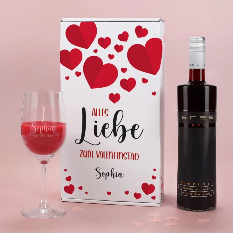 Alles Liebe - Weingeschenkset mit Duftkerze im graviertem Weinglas