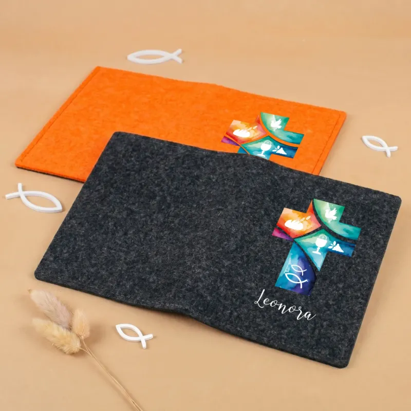 Personalisierte Buchhülle für Gotteslob & Gesangbuch mit Watercolor Kreuz | Anthrazit oder Orange