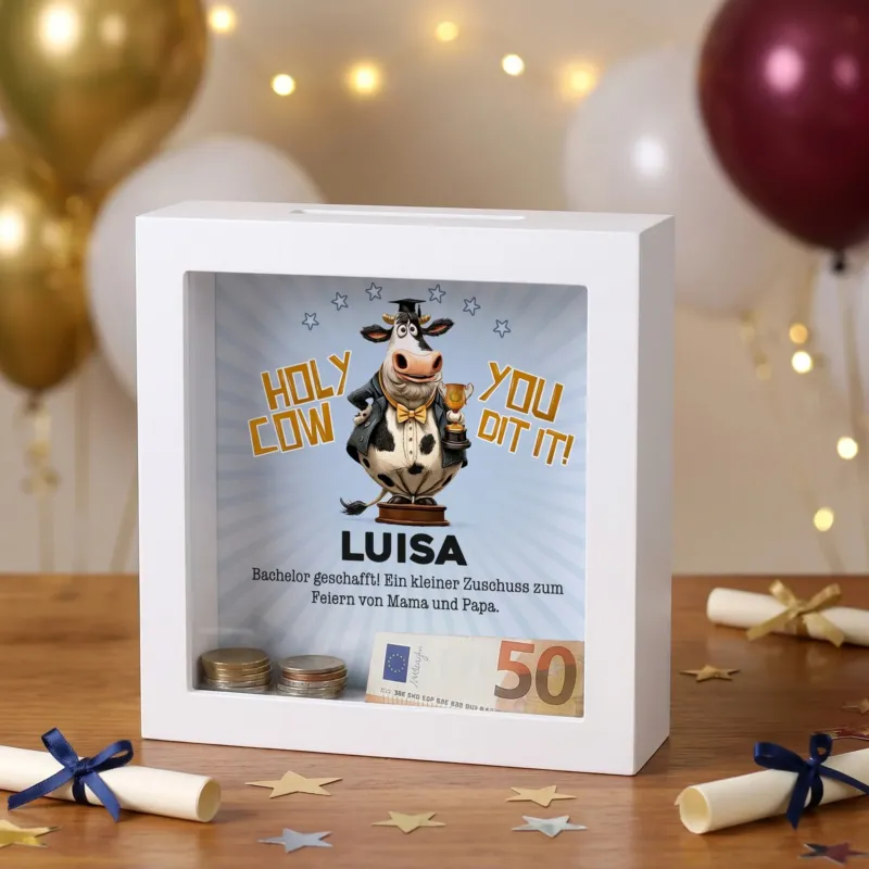 Personalisierte Bilderrahmen-Spardose „Holy Cow – You did it!“ mit Name Luisa als Geldgeschenk zum Bachelorabschluss