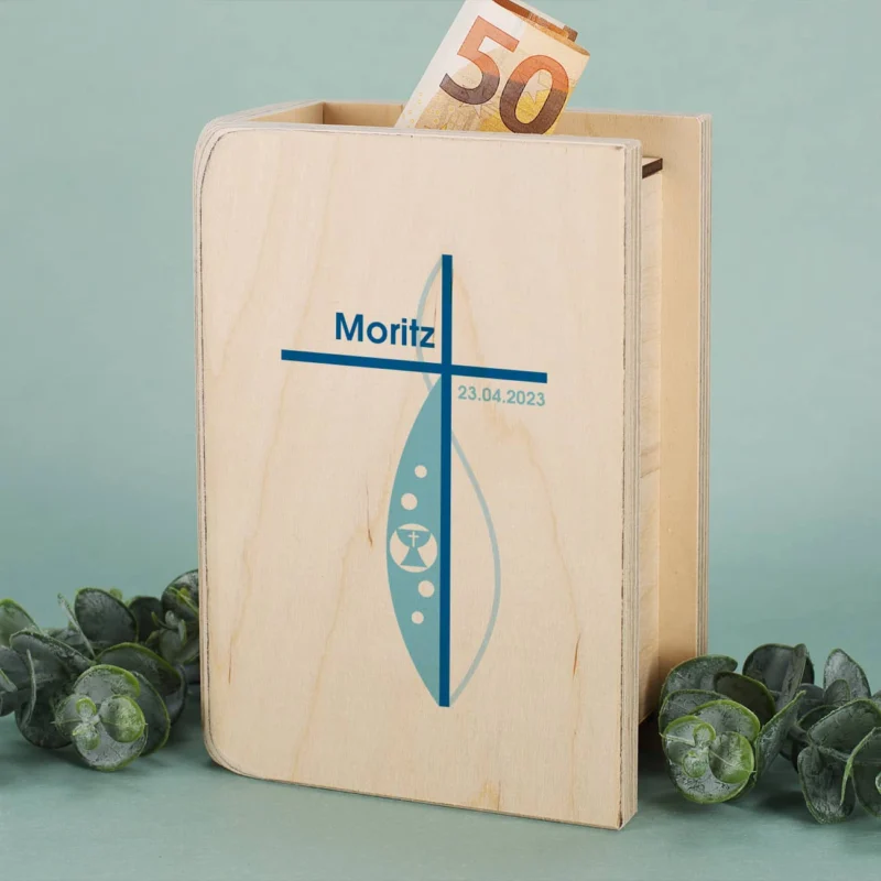 Holzspardose mit persönlichem Druck