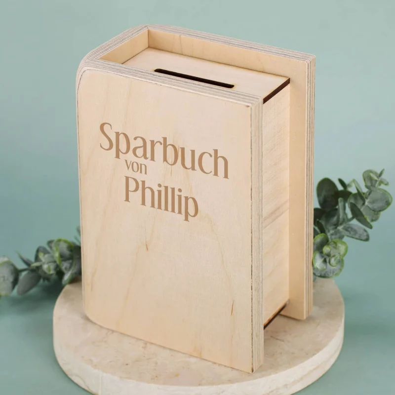 Sparbuch aus Holz mit Gravur