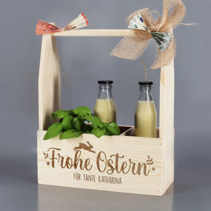 Flaschenträger aus Holz mit Wunschtext graviert | Frohe Ostern