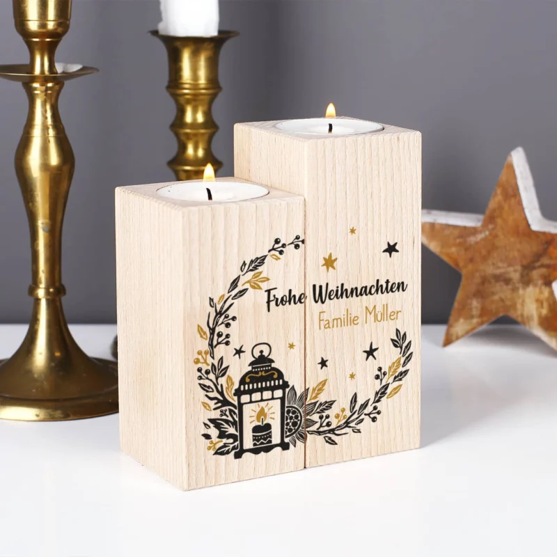 2er Set Holzteelichthalter mit Weihnachtsmotiv und Name bedruckt