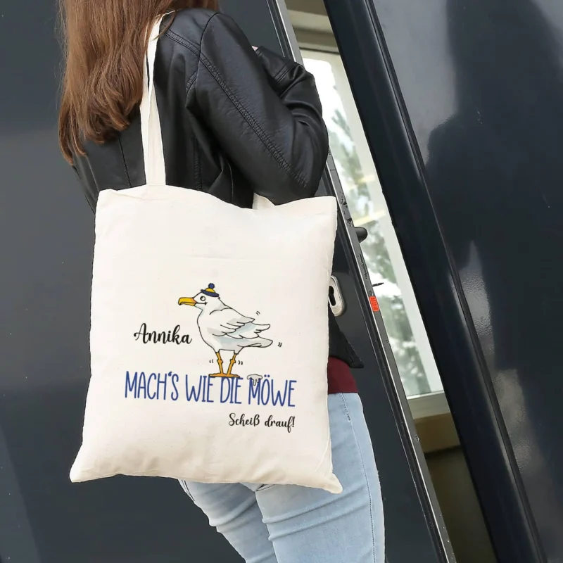 Mach's wie die Möwe... - Baumwollbeutel mit Name