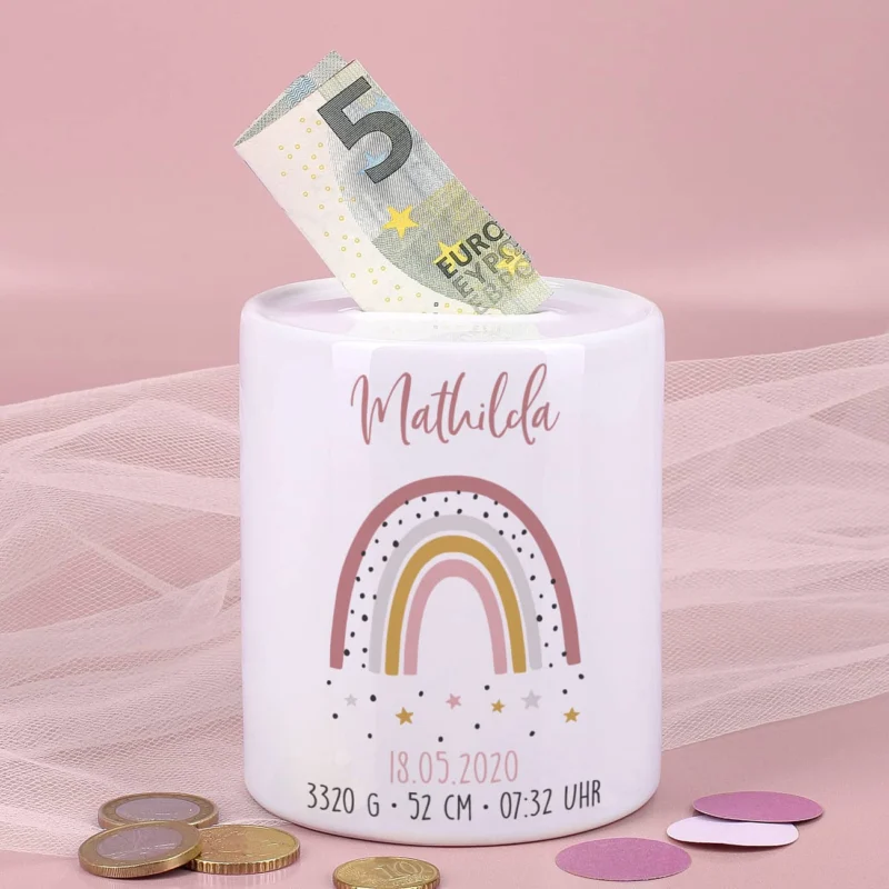 Spardose mit Regenbogen zur Geburt für Mädchen
