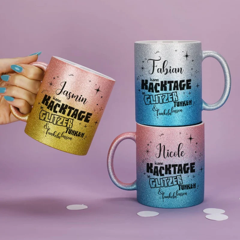 Glitzertasse in 3 Farben - Kacktage funkeln lassen - mit Name persönlich bedruckt
