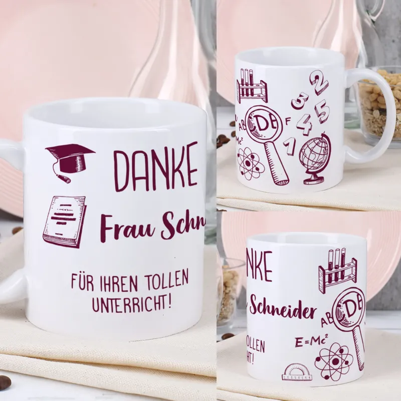 Persönliche Kaffeetasse für die Lehrerin mit Name und Wunschtext aus verschiedenen Winkeln