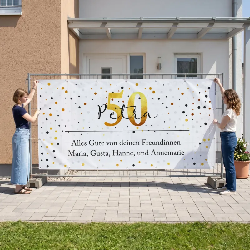 XXXL Geburtstagsbanner für Bauzaun mit Name Petra, Alter 50 und persönlichem Wunschtext
