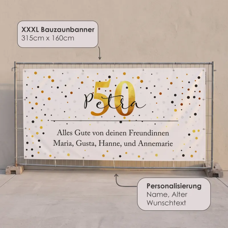 Produktinfo zum XXXL Bauzaun Banner 315 x 160 cm mit Personalisierung Name, Alter und Wunschtext