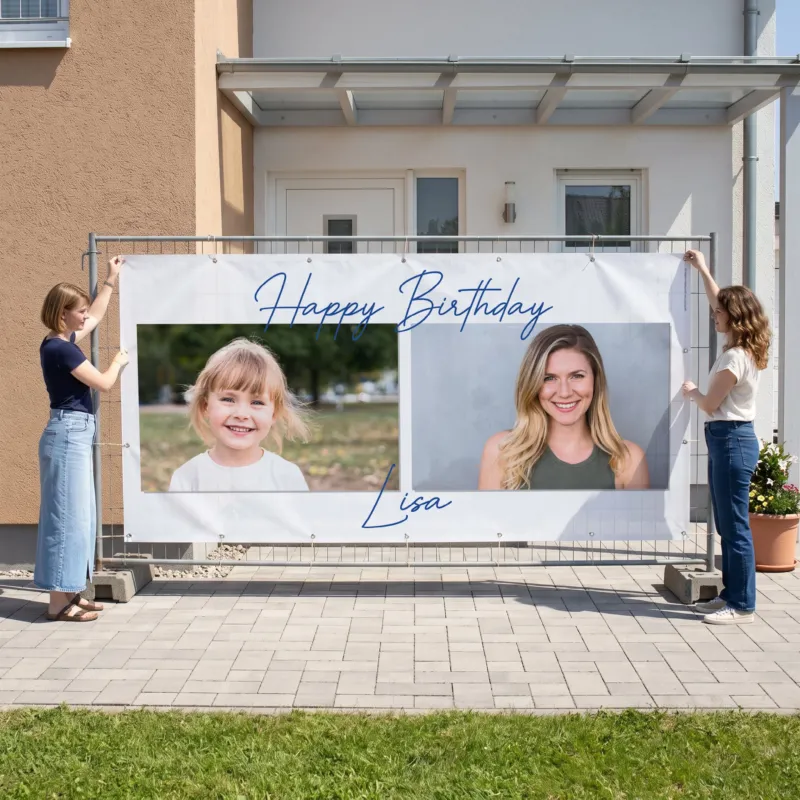 XXXL Happy Birthday Fotobanner mit zwei Bildern und Name am Bauzaun vor Hauseingang