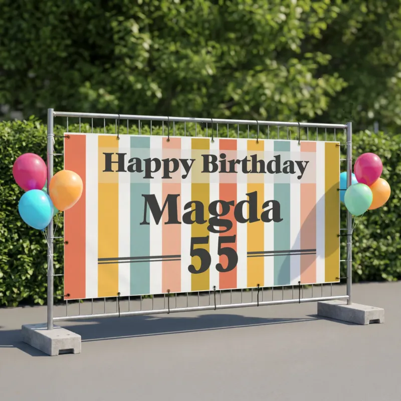 Personalisiertes Geburtstagsbanner für Bauzaun mit Name Magda und Alter 55 im modernen Streifen Design