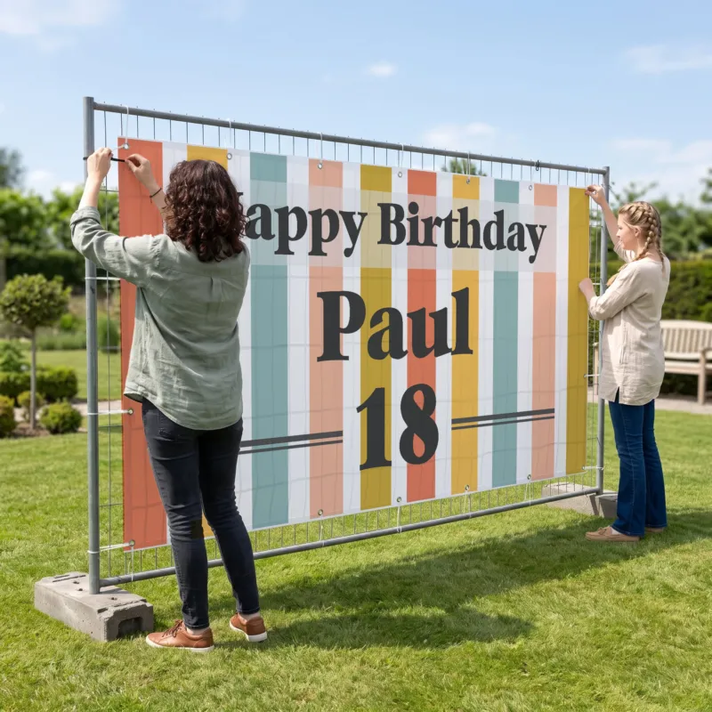 XXXL Bauzaunbanner Happy Birthday mit Name Paul und Alter 18 wird am Zaun befestigt