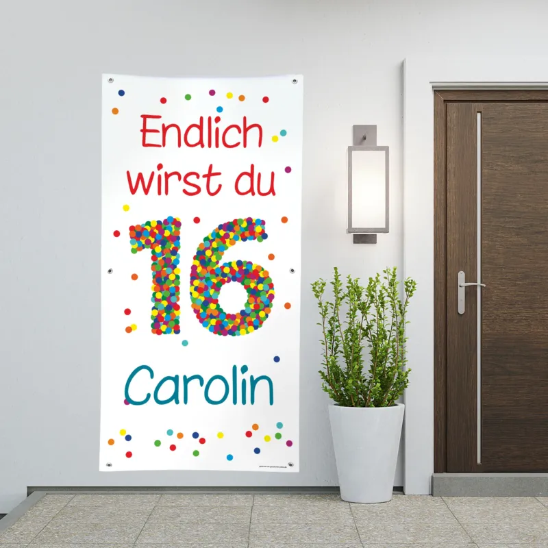 Geburtstagsbanner XL zum 16. Geburtstag mit Konfettizahl, Name und Text
