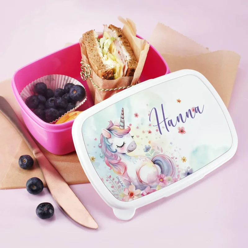 Einhorn Brotdose in pink mit Ihrem Wunschnamen bedruckt