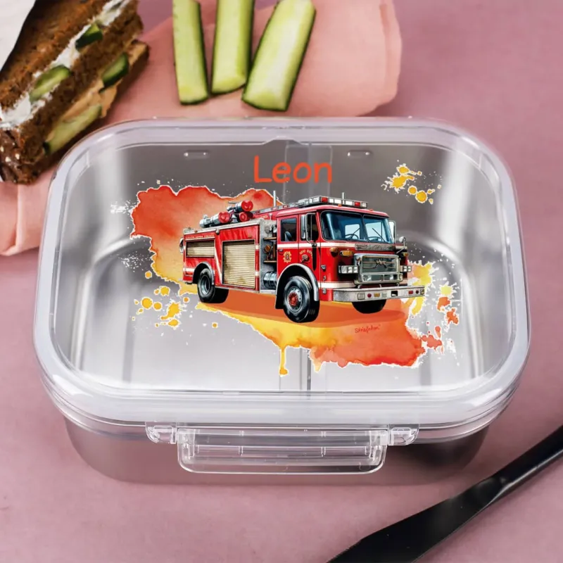 Brotdose aus Edelstahl mit Feuerwehrauto-Motiv bedruckt und Name – Bild 2