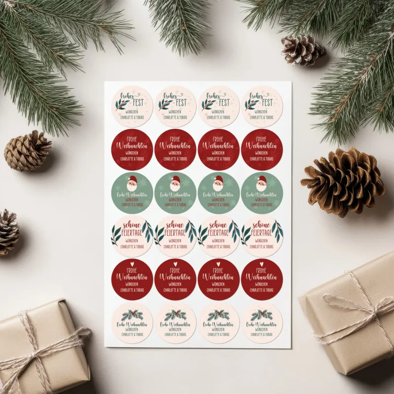 Geschenkverpackungen und Tannenzapfen dekorativ arrangiert mit Weihnachtsaufklebern „Frohes Fest“ und „Frohe Weihnachten“, personalisiert mit Namen.