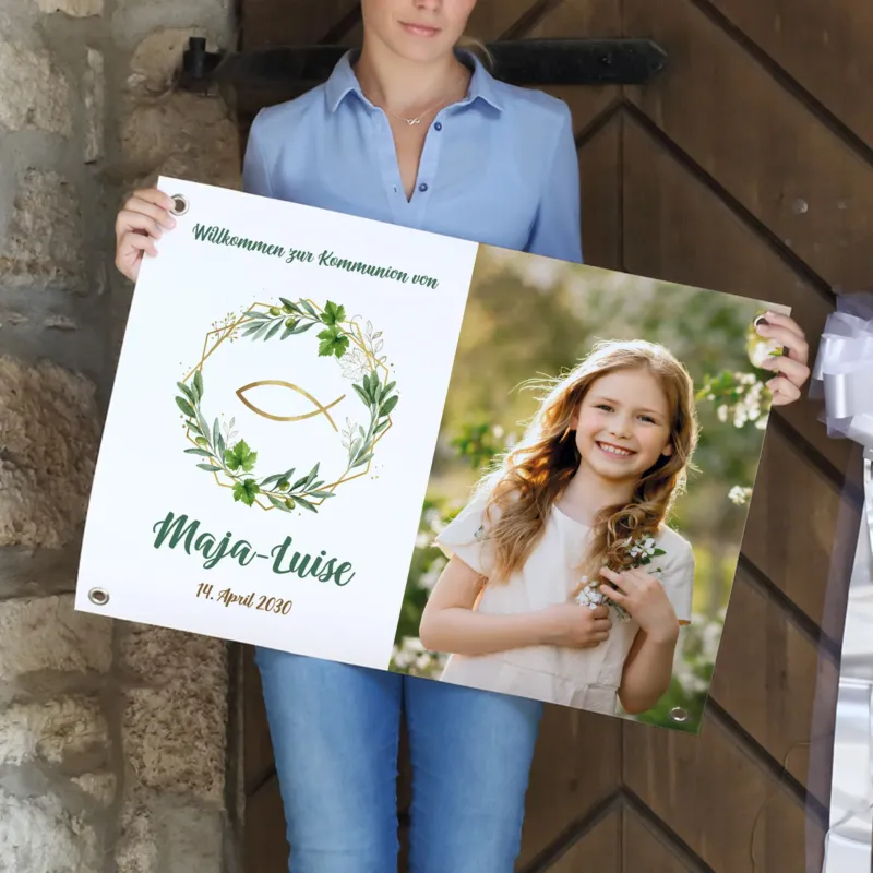 Personalisiertes Banner mit Foto zur Kommunion mit Fisch, Blätterkranz und Name