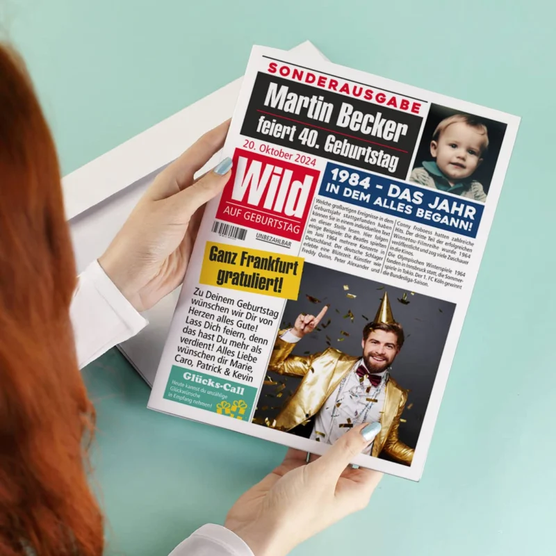 Große Klappkarte Geburtstagszeitung mit Ihren Fotos und individuellem Text