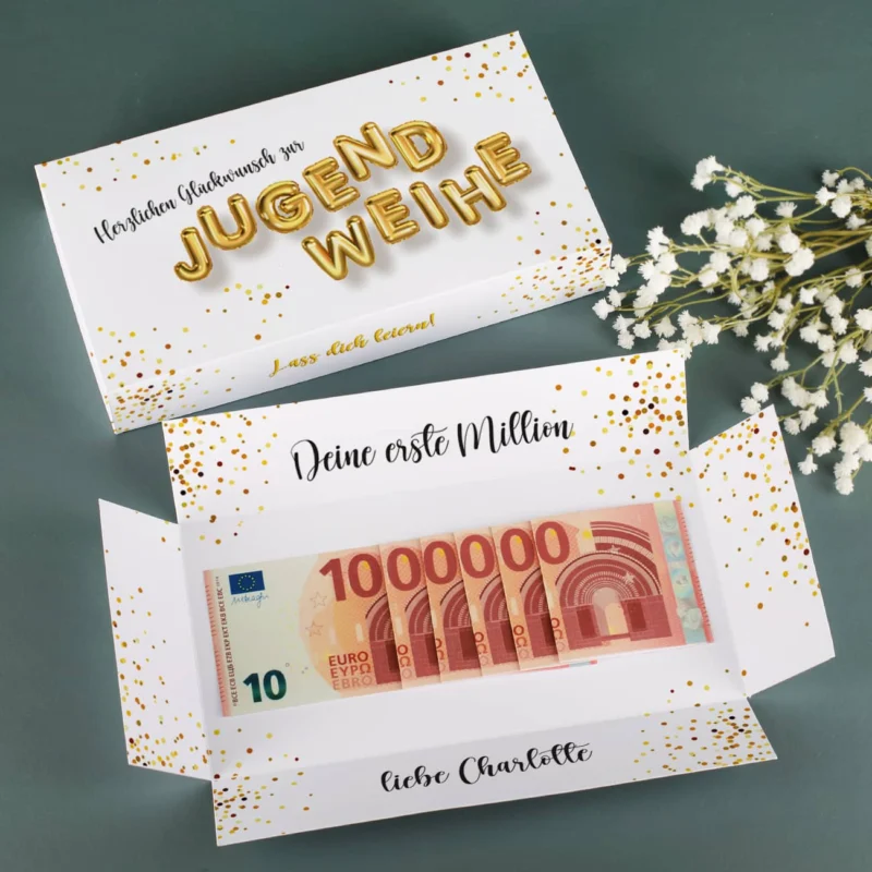 Erste Million - Geldgeschenk zur Jugendweihe, Explosionsbox mit Name