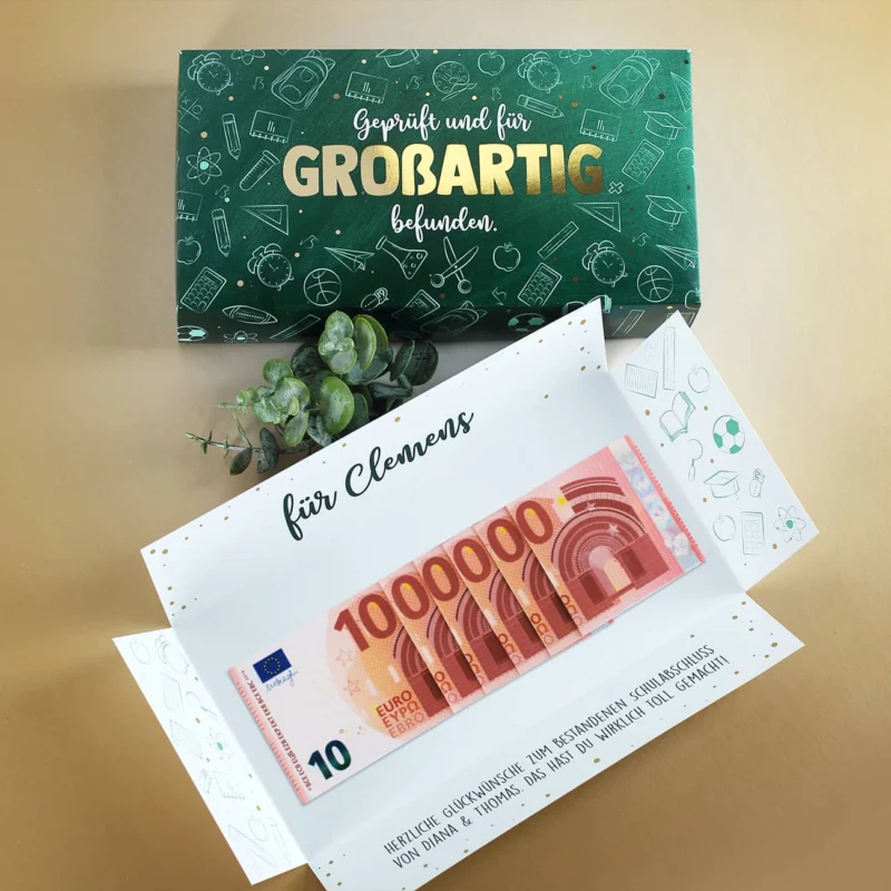 Geprüft und für großartig befunden. - Geldgeschenk zum Abi & Schulabschluss - Box mit Goldprägung