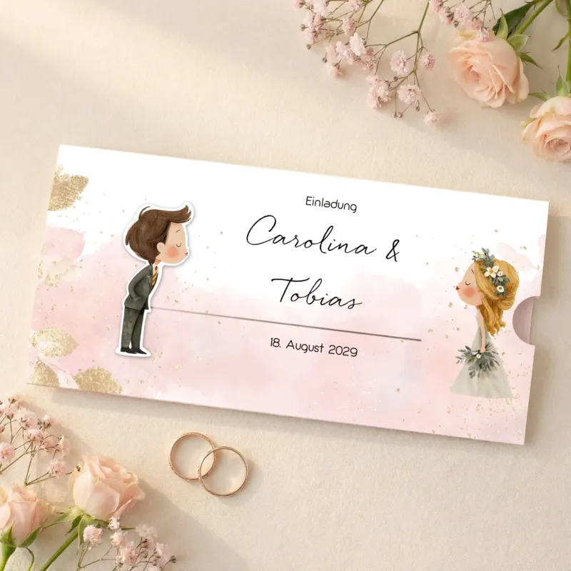 Ziehkarte Hochzeitseinladung mit Brautpaar Kussmotiv, Karte geschlossen im DIN lang Format