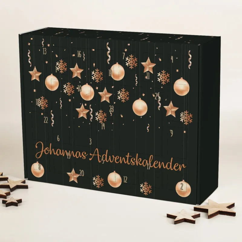 DIY Adventskalender zum selbst Befüllen mit roségoldenem Weihnachtsschmuck