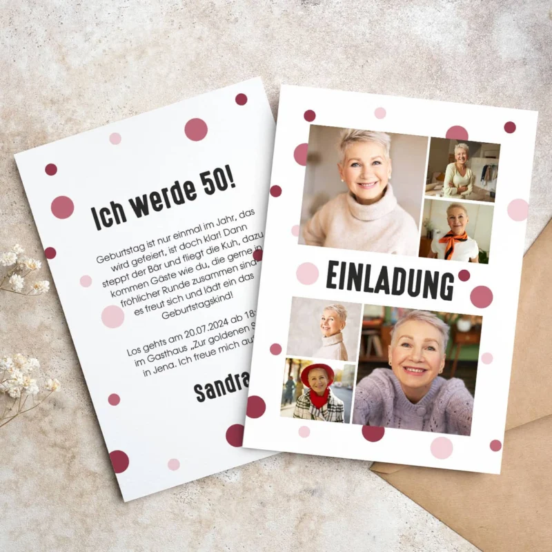 Besondere Geburtstagseinladung mit 6 Fotos & Text personalisiert