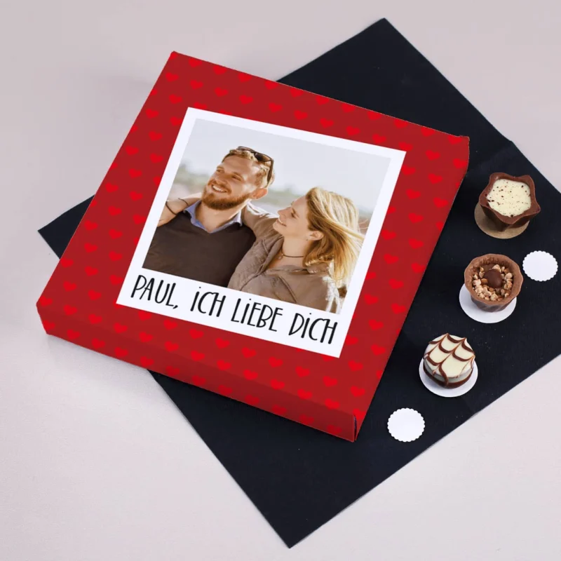 Pralinen zum Valentinstag mit Foto und Nachricht