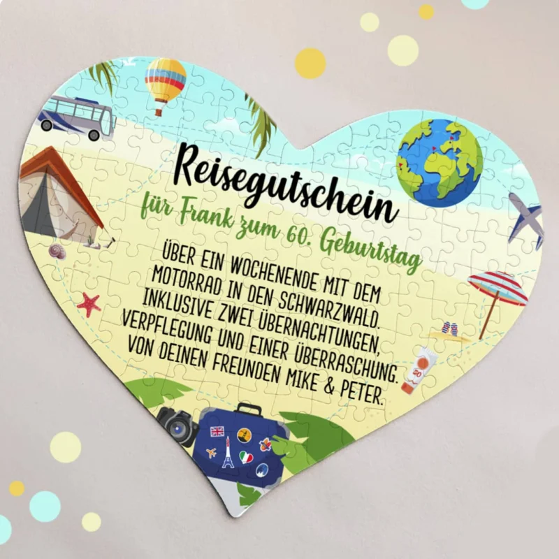Reisegutschein in Puzzleform mit Ihrem Text gestaltet, 114 Teile