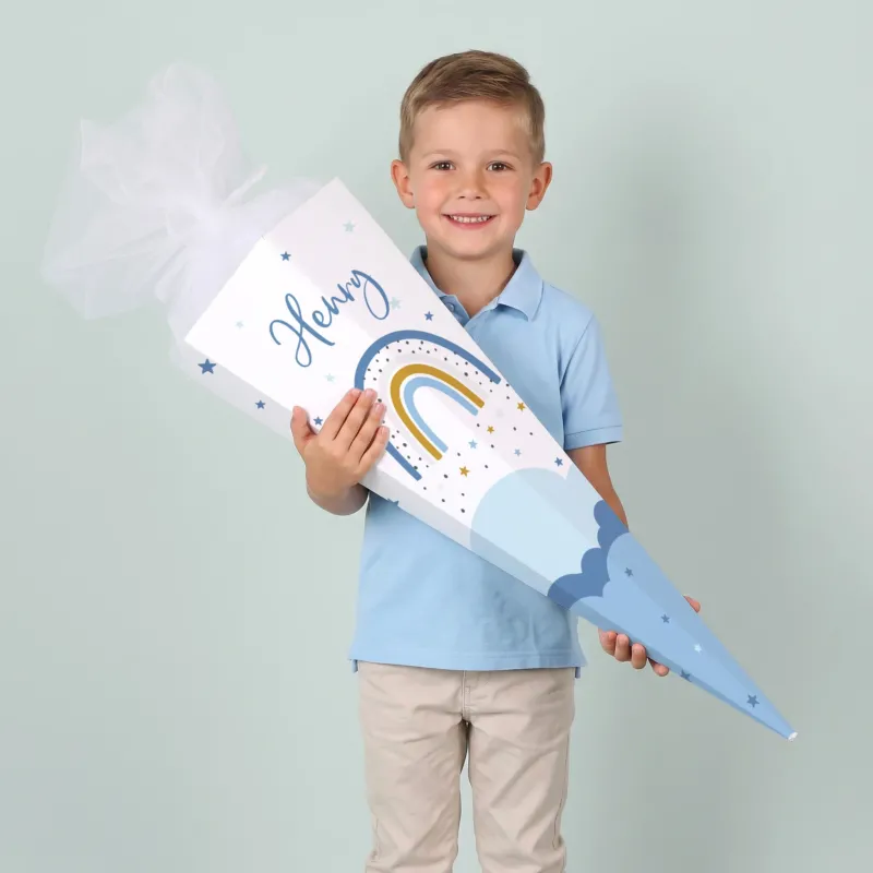 Große Schultüte Regenbogen in blau mit Name zur Einschulung