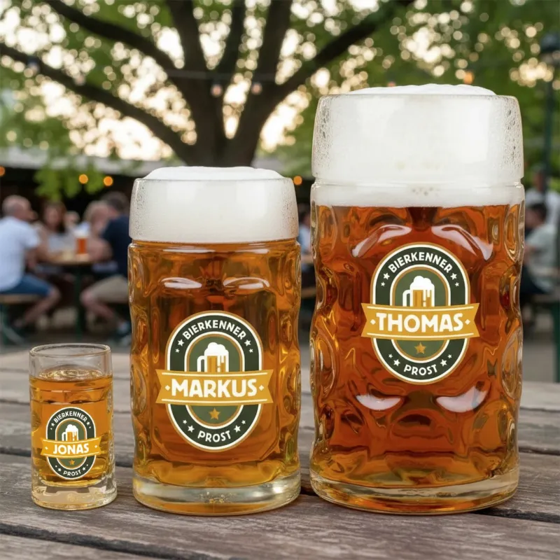 Vergleichsansicht aller drei Bierkrüge: 1 l, 0,5 l und 4 cl mit Bierkenner-Motiv und Wunschnamen nebeneinander