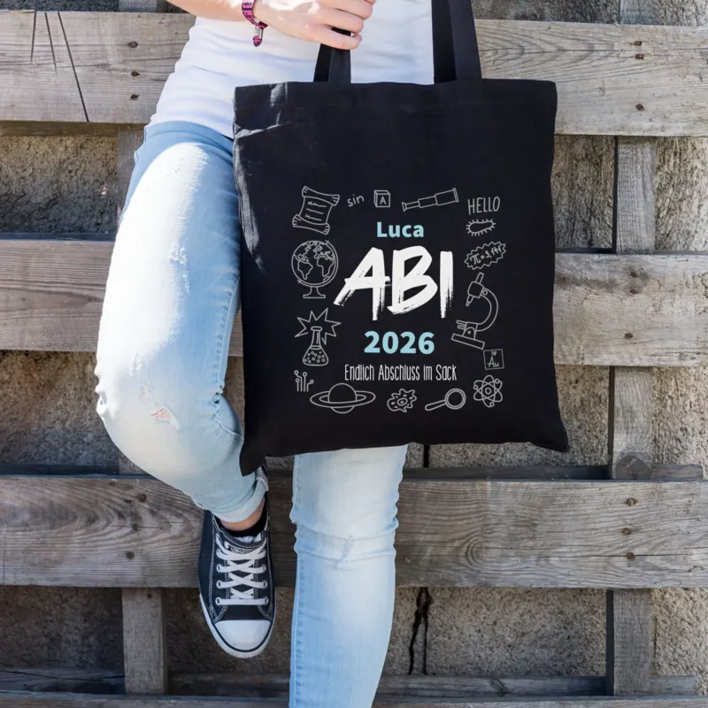 Baumwolltasche zum bestandenen Abitur mit Name "Luca", Jahr und Wunschtext