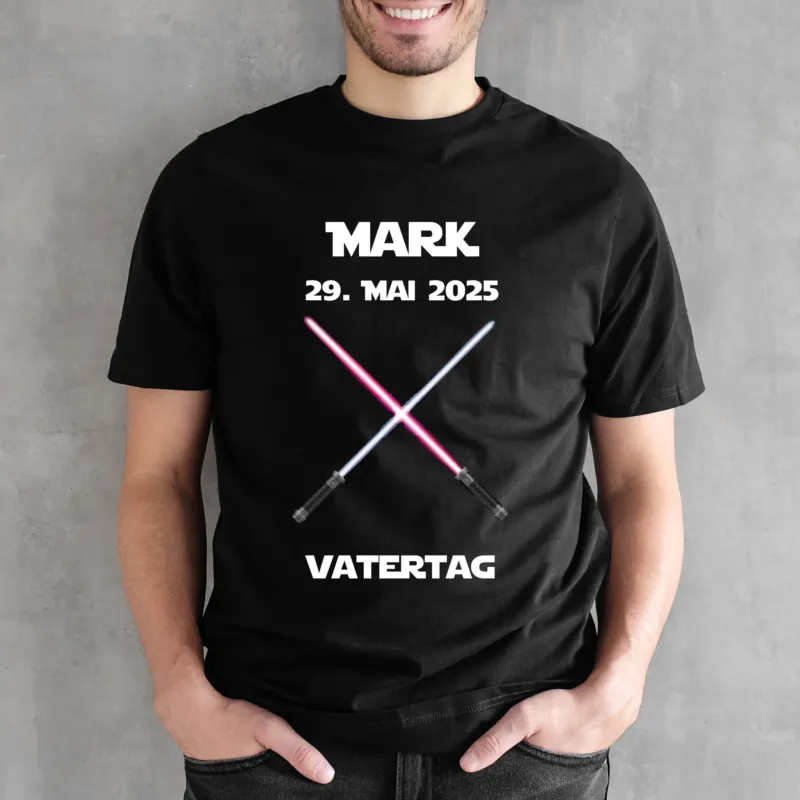 Personalisierbares Vatertags-Shirt mit Lichtschwert-Motiv, Name „Mark“ und Datum