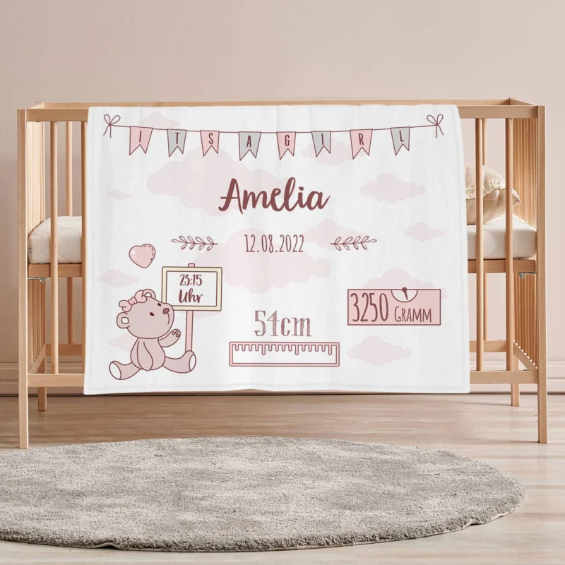 Kuscheldecke zur Geburt mit Teddy Motiv, Name, Datum, Uhrzeit, Größe und Gewicht bedruckt