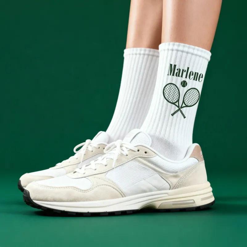 Weiße Tennissocken mit Name Marlene, Tennisschlägern und Ball an Füßen mit Sneakern
