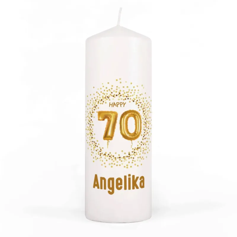 Kerze zum 70. Geburtstag mit Name und großer Ballon-Zahl