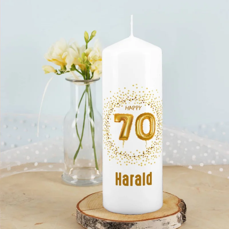 Kerze zum 70. Geburtstag mit Ihrem Namen persönlich bedruckt
