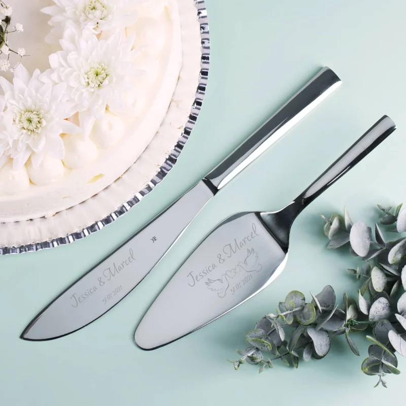 WMF Tortenbesteck Set zur Hochzeit mit Tauben, Namen und Datum graviert